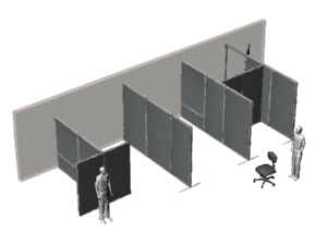 Office partition system showing electrical panels in key locations, for Amped Events